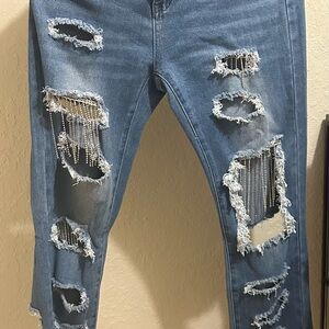 Rhinestone Chain Distressed Light Blue Jeans